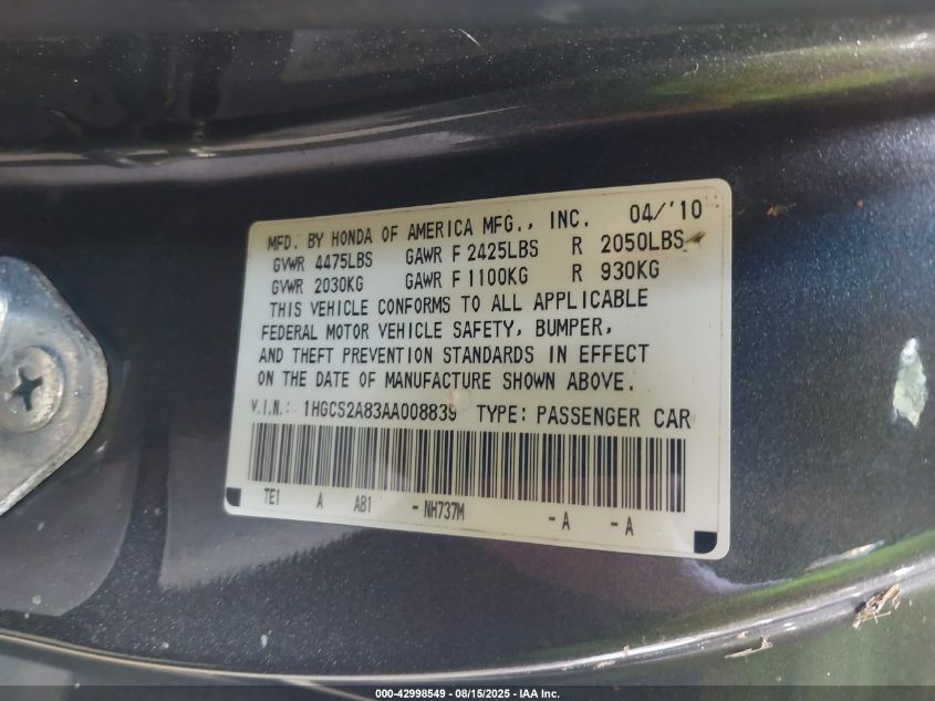 2010 Honda Accord 3.5 Ex-L VIN: 1HGCS2A83AA008839 Lot: 42998549