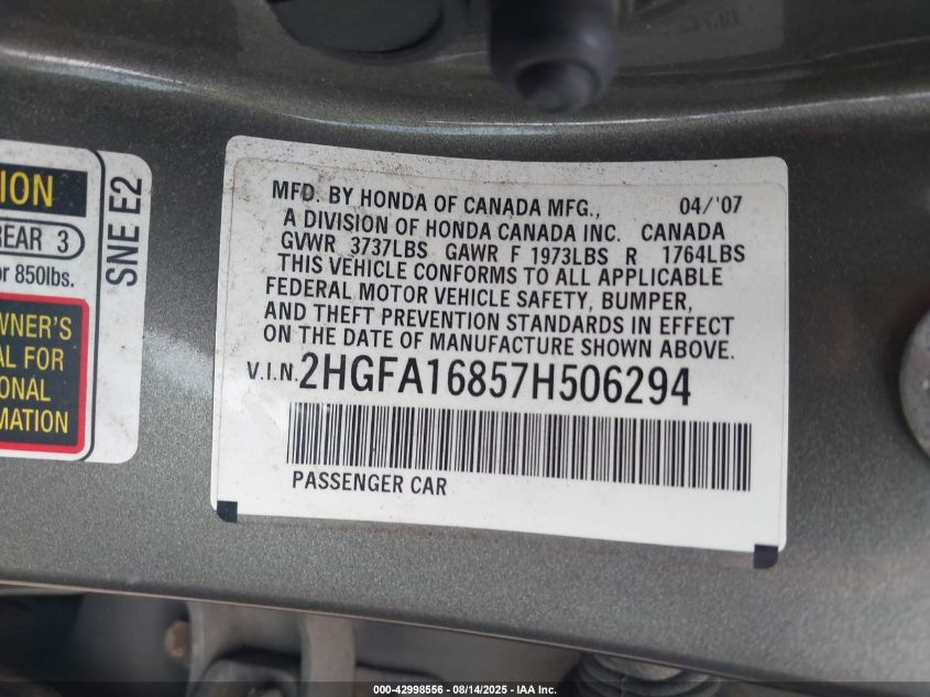 2007 Honda Civic Ex VIN: 2HGFA16857H506294 Lot: 42998556