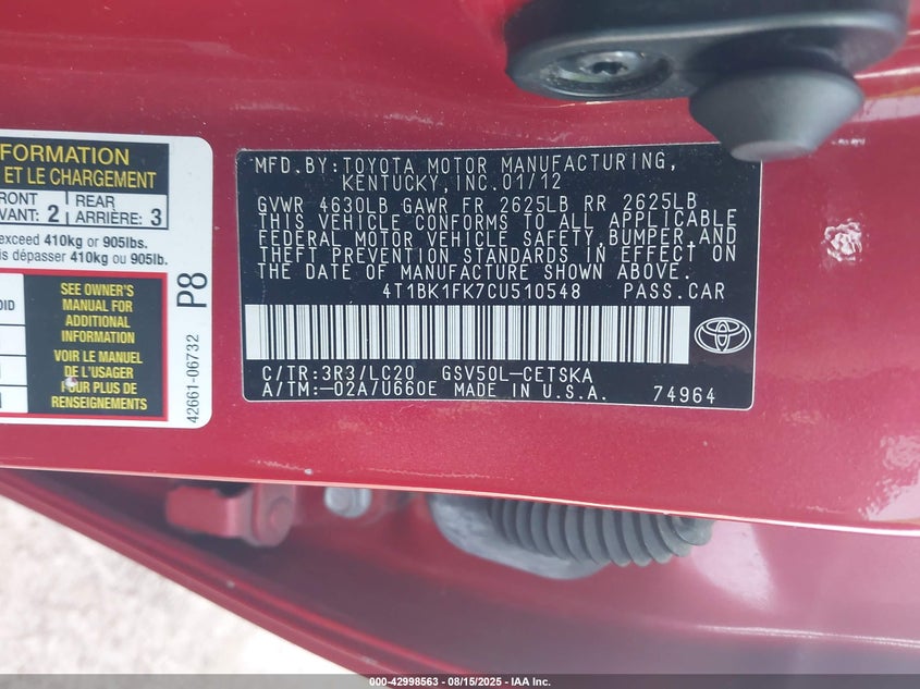 2012 Toyota Camry Se V6 VIN: 4T1BK1FK7CU510548 Lot: 42998563