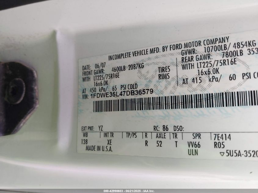 2007 Ford E-350 Cutaway VIN: 1FDWE35L47DB36579 Lot: 42998603