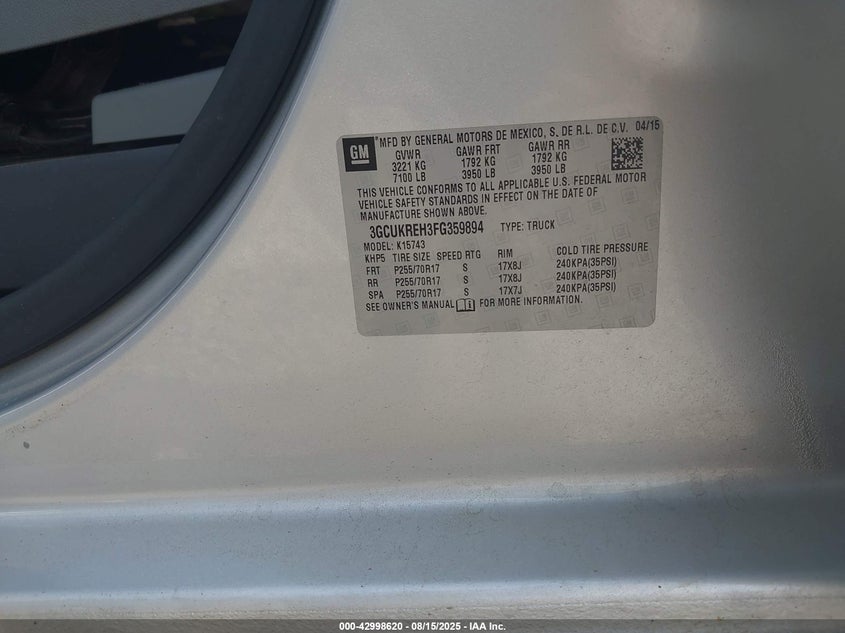 2015 Chevrolet Silverado 1500 1Lt VIN: 3GCUKREH3FG359894 Lot: 42998620