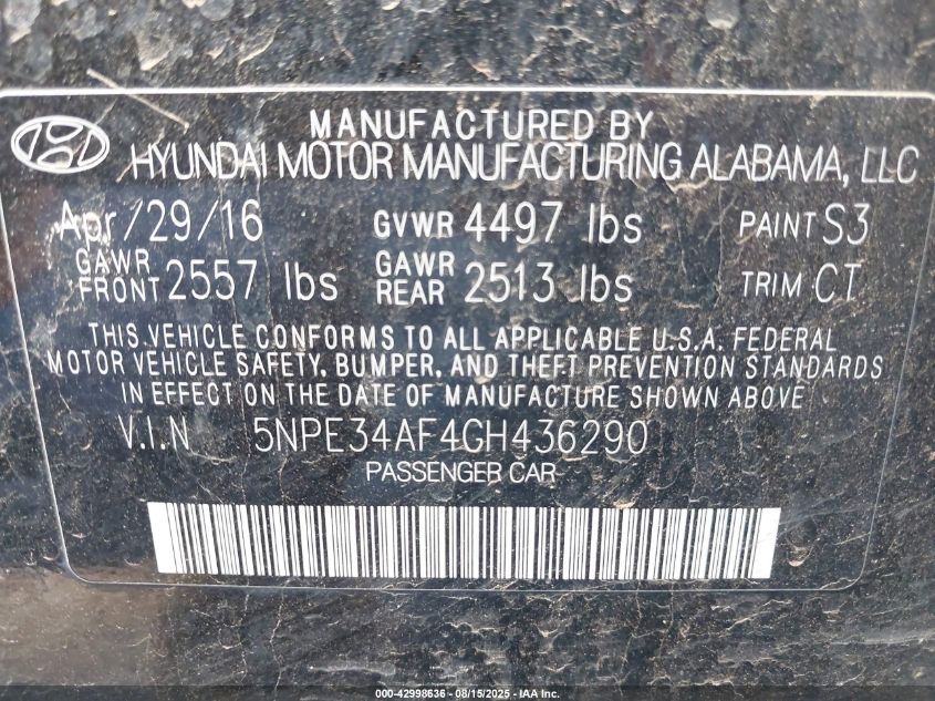 2016 Hyundai Sonata Sport VIN: 5NPE34AF4GH436290 Lot: 42998636