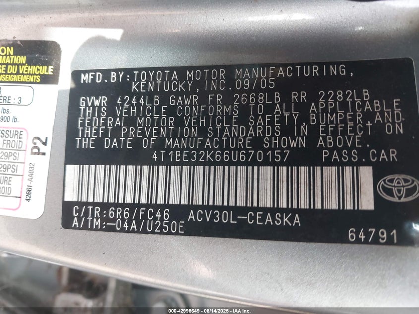 2006 Toyota Camry Se VIN: 4T1BE32K66U670157 Lot: 42998649