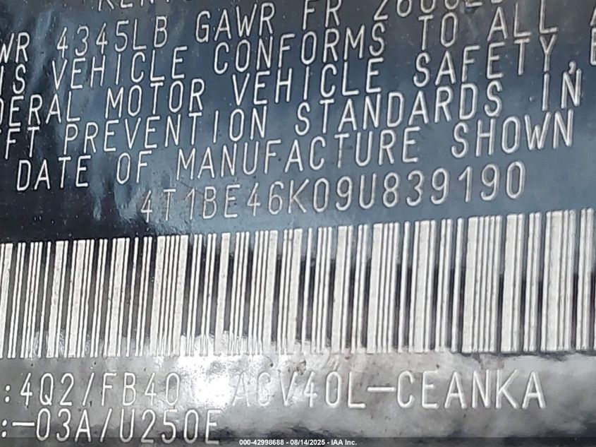 2009 Toyota Camry Le VIN: 4T1BE46K09U839190 Lot: 42998688