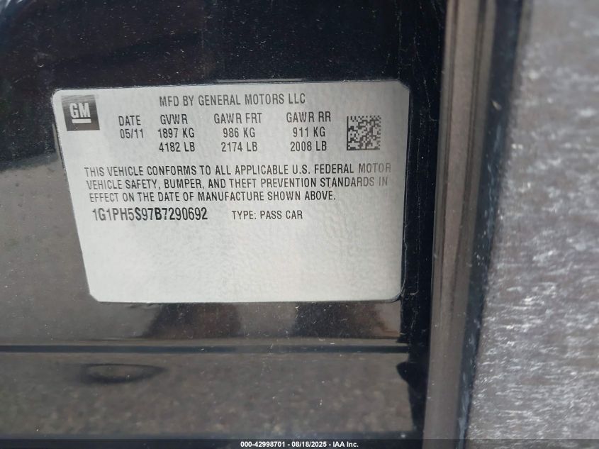 2011 Chevrolet Cruze Ltz VIN: 1G1PH5S97B7290692 Lot: 42998701