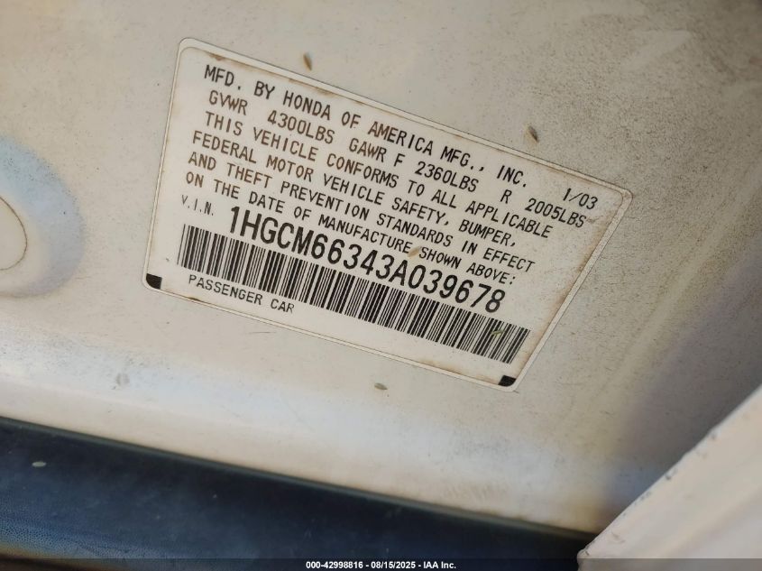 2003 Honda Accord 3.0 Lx VIN: 1HGCM66343A039678 Lot: 42998816
