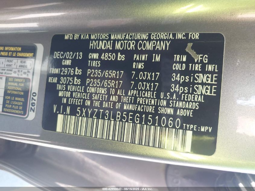 2014 Hyundai Santa Fe Sport 2.4L VIN: 5XYZT3LB5EG151060 Lot: 42998843