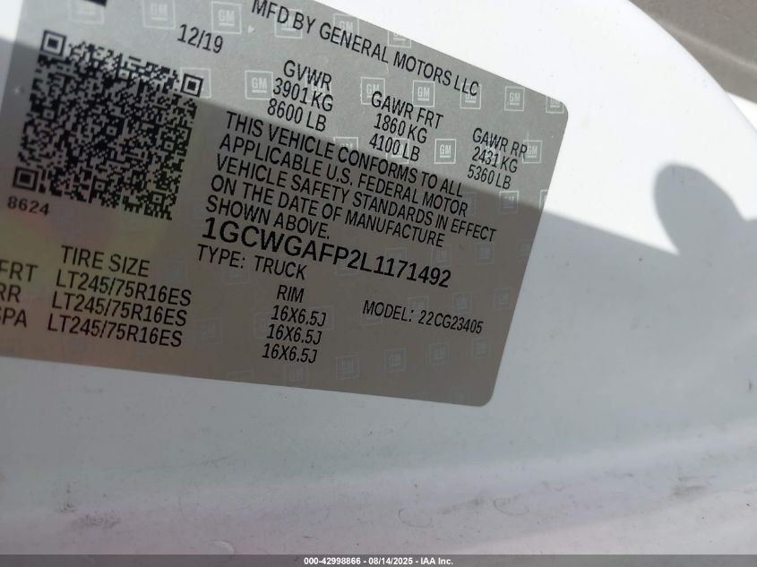 2020 Chevrolet Express Cargo Rwd 2500 Regular Wheelbase Wt VIN: 1GCWGAFP2L1171492 Lot: 42998866