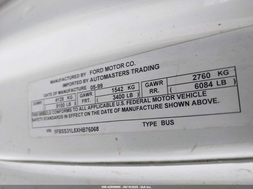 1999 Ford E-350 Super Duty Xl/Xlt VIN: 1FBSS31L5XHB76068 Lot: 42998965