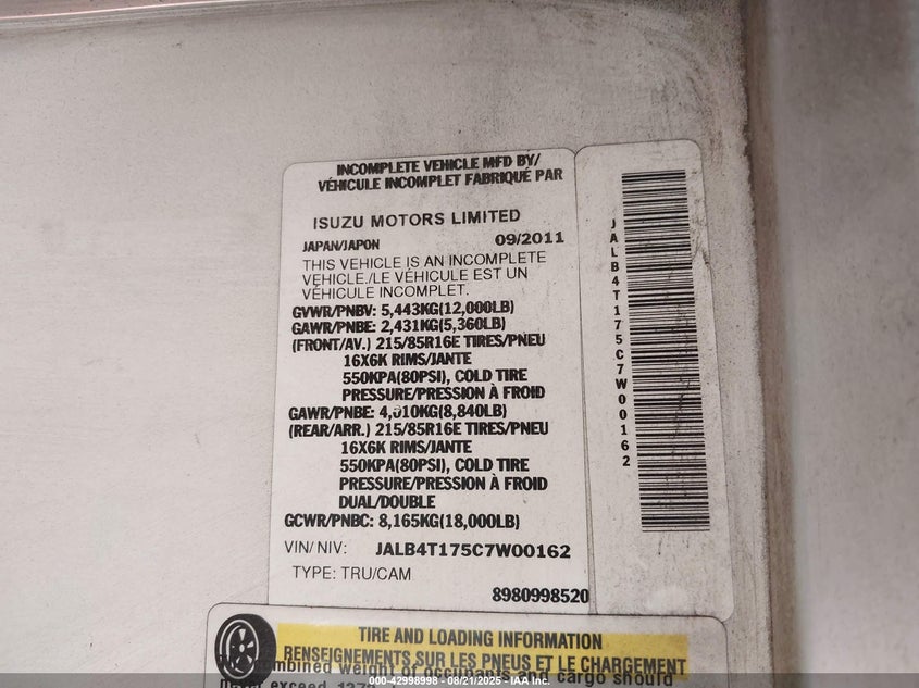 2012 Isuzu Commercial Van VIN: JALB4T175C7W00162 Lot: 42998998
