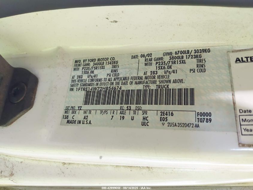 2002 Ford E-150 Commercial/Recreational VIN: 1FTRE14W72HB54674 Lot: 42999058