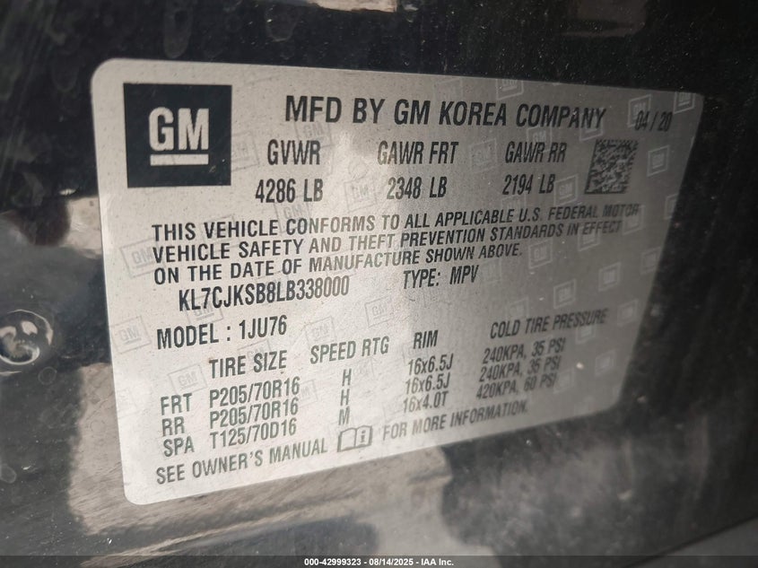 2020 CHEVROLET TRAX FWD LS - KL7CJKSB8LB338000