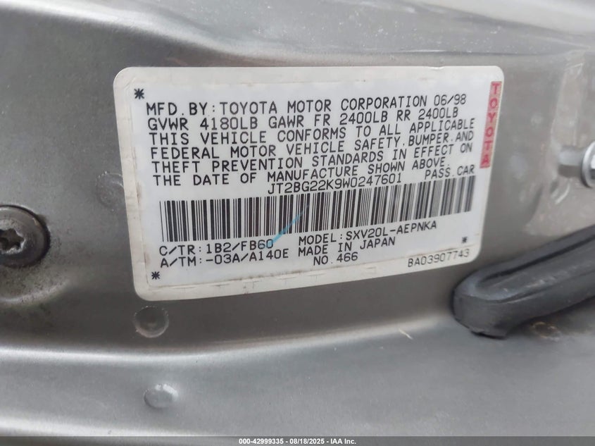 1998 Toyota Camry VIN: JT2BV22K9W0247601 Lot: 42999335