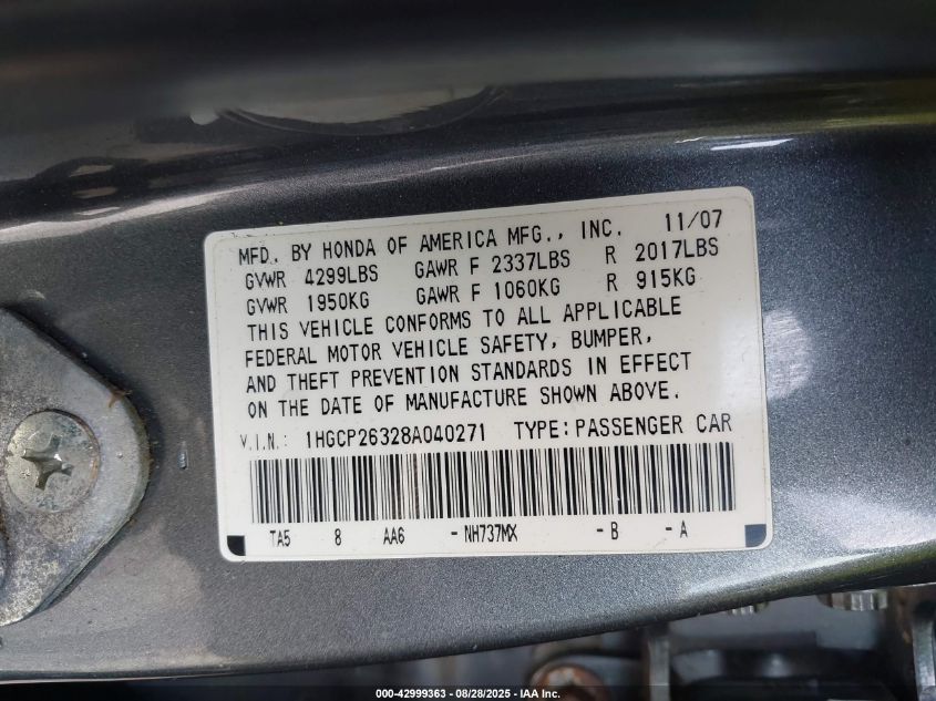 2008 Honda Accord 2.4 Lx VIN: 1HGCP26328A040271 Lot: 42999363