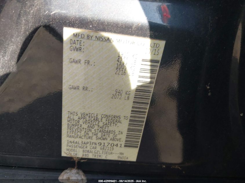 2015 Nissan Altima 2.5 S VIN: 1N4AL3AP3FN917041 Lot: 42999401