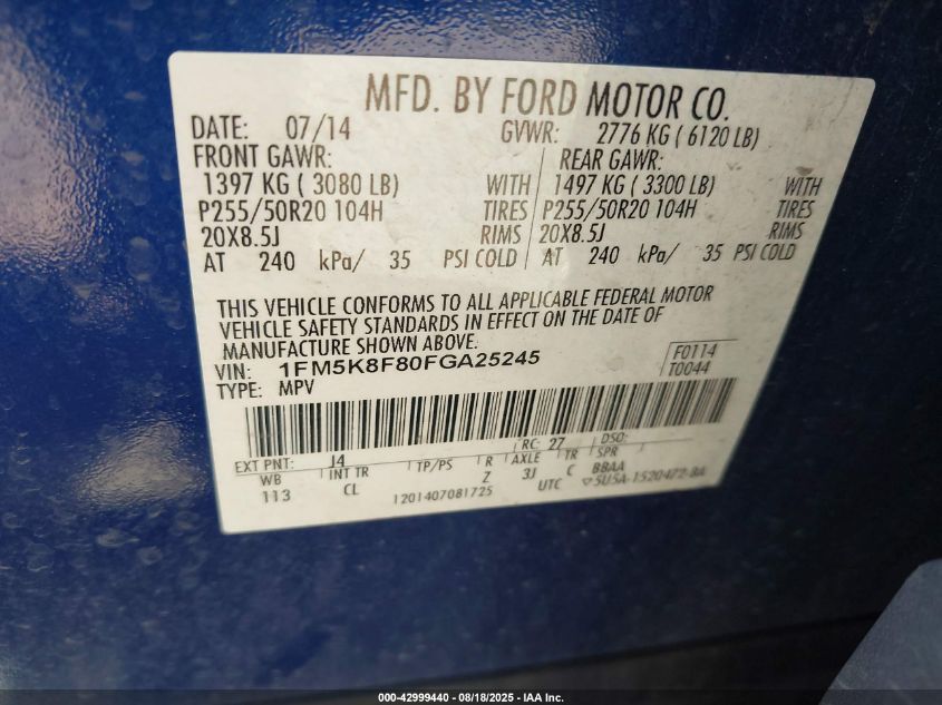 2015 Ford Explorer Limited VIN: 1FM5K8F80FGA25245 Lot: 42999440