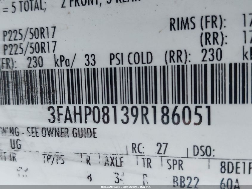 2009 Ford Fusion Sel VIN: 3FAHP08139R186051 Lot: 42999482