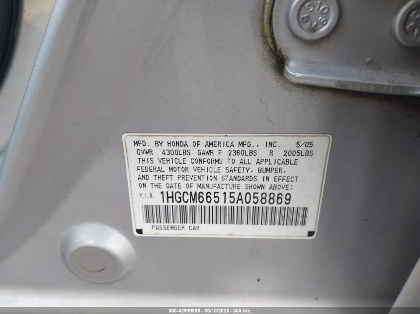 2005 Honda Accord 3.0 Ex VIN: 1HGCM66515A058869 Lot: 42999595