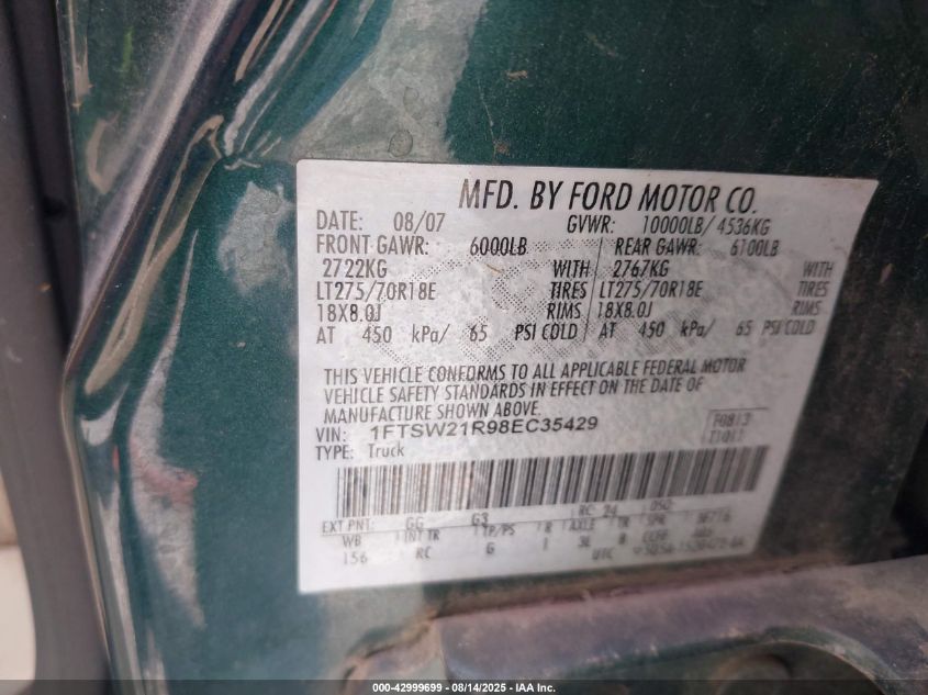 2008 Ford F-250 Fx4/Harley-Davidson/King Ranch/Lariat/Xl/Xlt VIN: 1FTSW21R98EC35429 Lot: 42999699