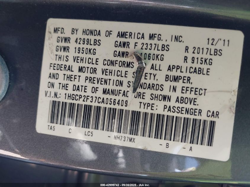 2012 Honda Accord 2.4 Lx VIN: 1HGCP2F37CA056409 Lot: 42999742