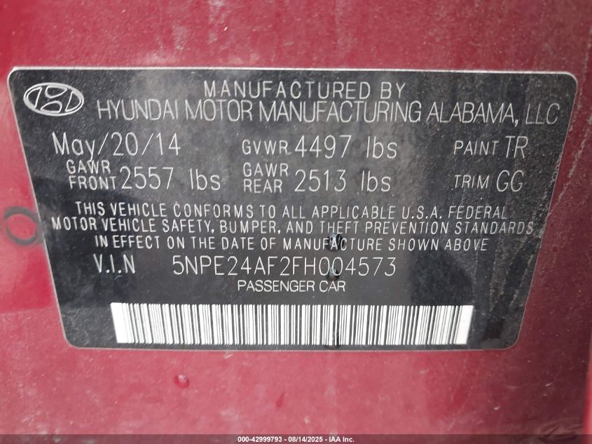 2015 Hyundai Sonata Se VIN: 5NPE24AF2FH004573 Lot: 42999793