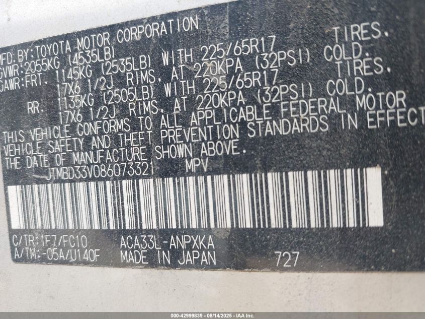 2008 Toyota Rav4 VIN: JTMBD33V086073321 Lot: 42999839