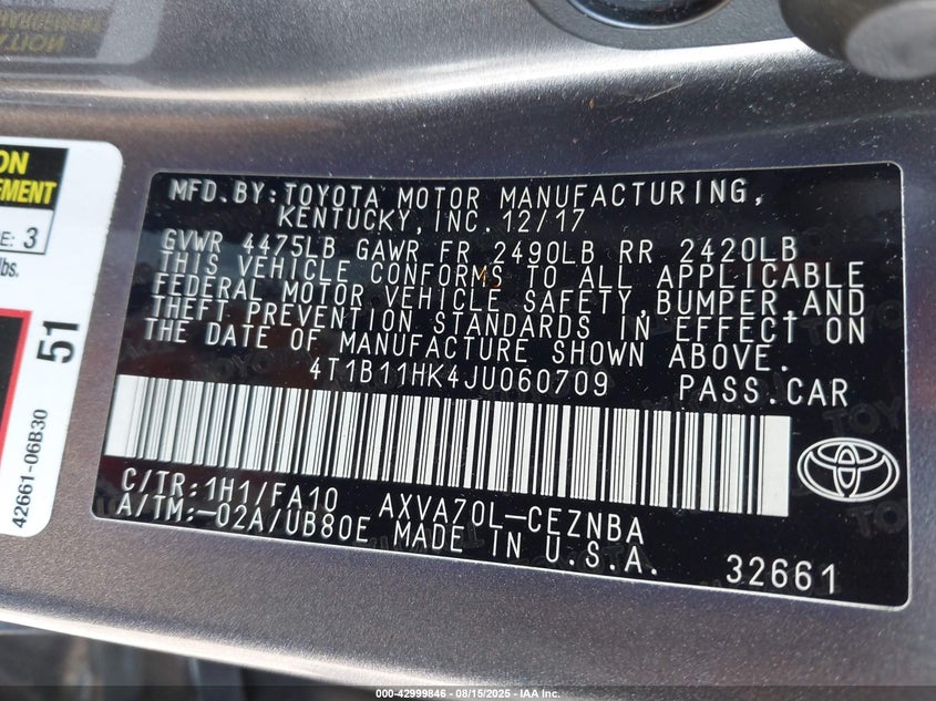 2018 TOYOTA CAMRY LE - 4T1B11HK4JU060709