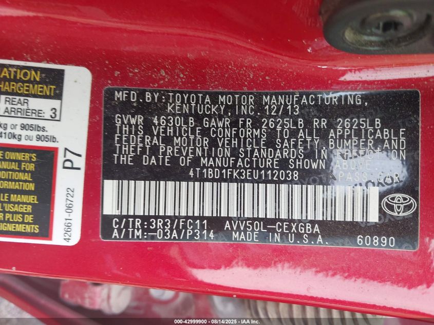 2014 Toyota Camry Hybrid Le/Se Limited Edition/Xle VIN: 4T1BD1FK3EU112038 Lot: 42999900