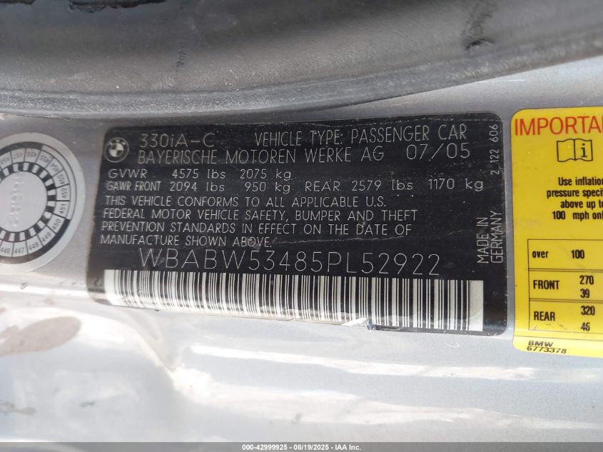2005 BMW 330Ci VIN: WBABW53485PL52922 Lot: 42999925
