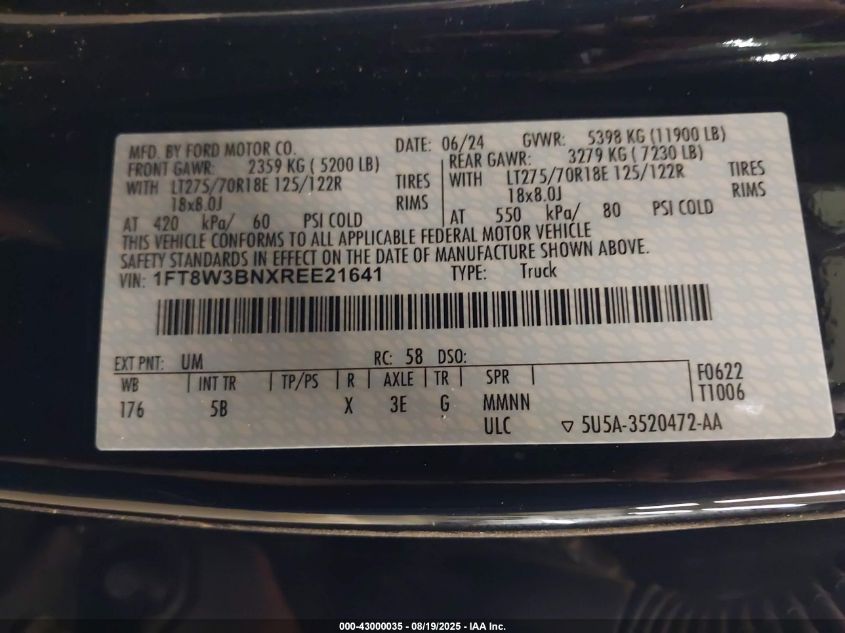 2024 Ford F-350 Lariat VIN: 1FT8W3BNXREE21641 Lot: 43000035