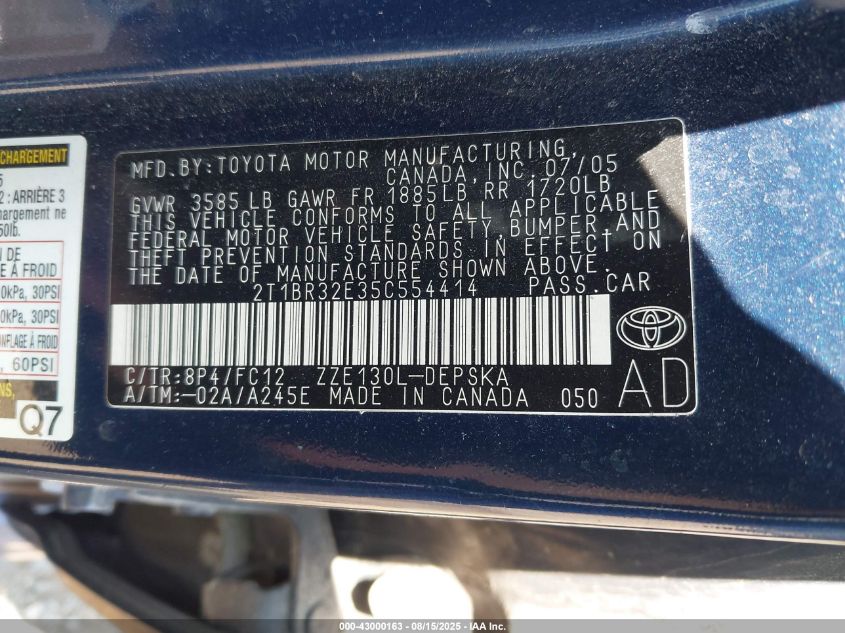 2005 Toyota Corolla S VIN: 2T1BR32E35C554414 Lot: 43000163