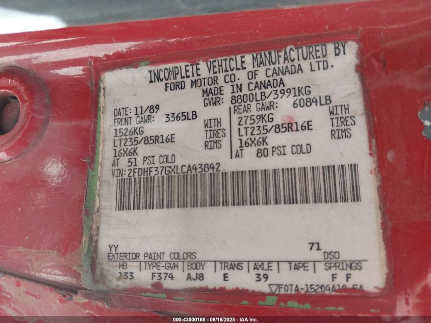 1990 Ford F350 VIN: 2FDHF37GXLCA43842 Lot: 43000168