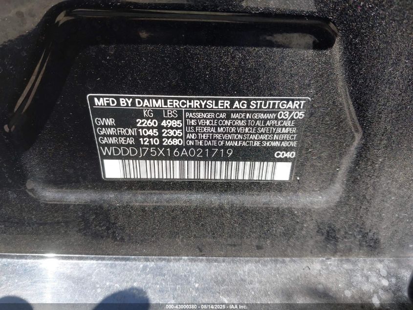 2006 Mercedes-Benz Cls 500 VIN: WDDDJ75X16A021719 Lot: 43000380