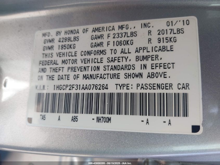 2010 Honda Accord 2.4 Lx VIN: 1HGCP2F31AA076264 Lot: 43000399
