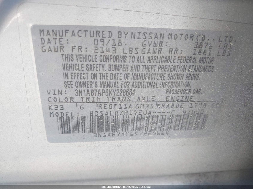 2019 NISSAN SENTRA SV 3N1AB7AP6KY228664