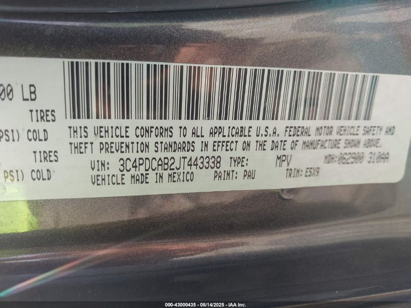 2018 Dodge Journey Se VIN: 3C4PDCAB2JT443338 Lot: 43000435