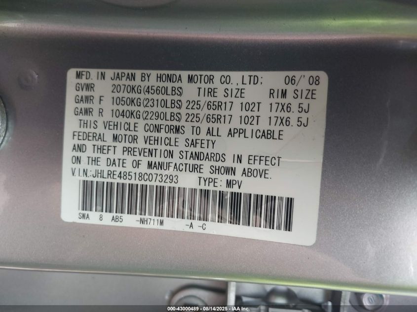 2008 Honda Cr-V Ex VIN: JHLRE48518C073293 Lot: 43000489