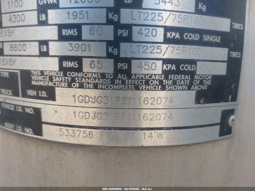 2001 GMC Savana Special VIN: 1GDJG31R611162074 Lot: 43000509