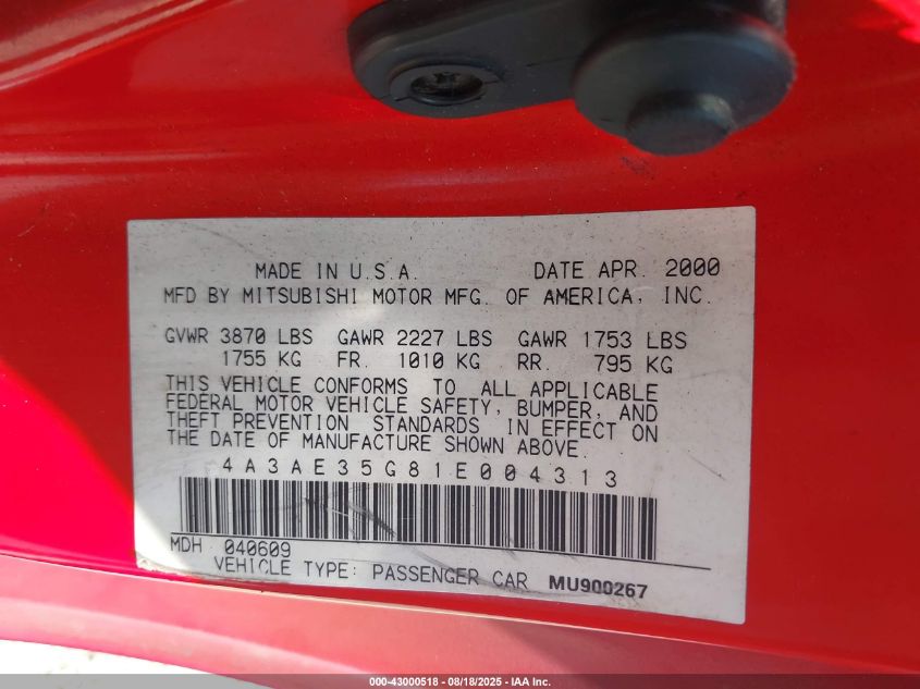 2001 Mitsubishi Eclipse Spyder Gs VIN: 4A3AE35G81E004313 Lot: 43000518