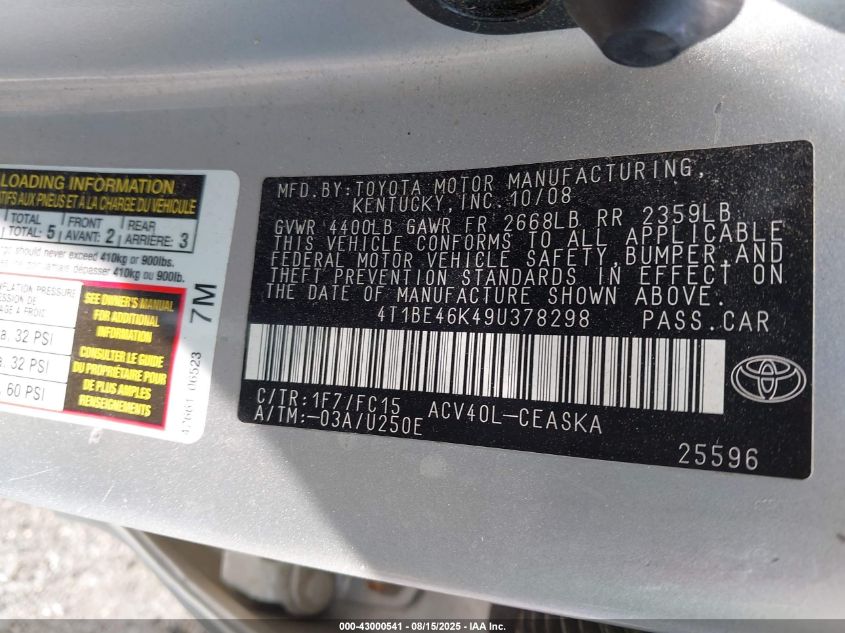 2009 Toyota Camry Se VIN: 4T1BE46K49U378298 Lot: 43000541
