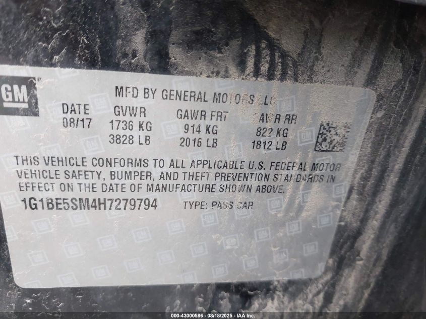 2017 Chevrolet Cruze Lt Auto VIN: 1G1BE5SM4H7279794 Lot: 43000586