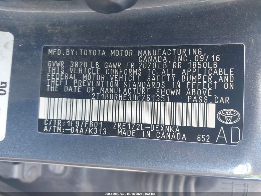 2017 Toyota Corolla Le VIN: 2T1BURHE3HC761351 Lot: 43000730