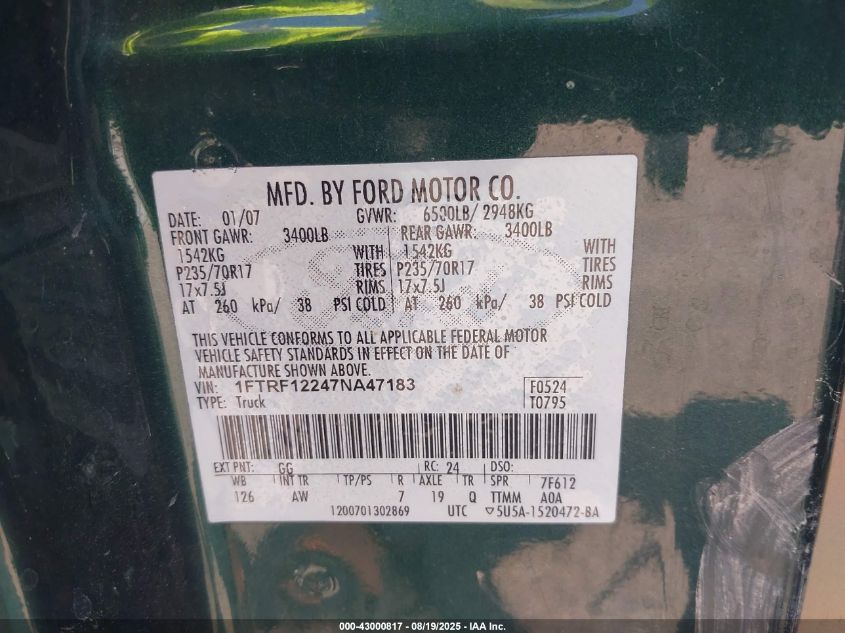 2007 Ford F-150 Stx/Xl/Xlt VIN: 1FTRF12247NA47183 Lot: 43000817