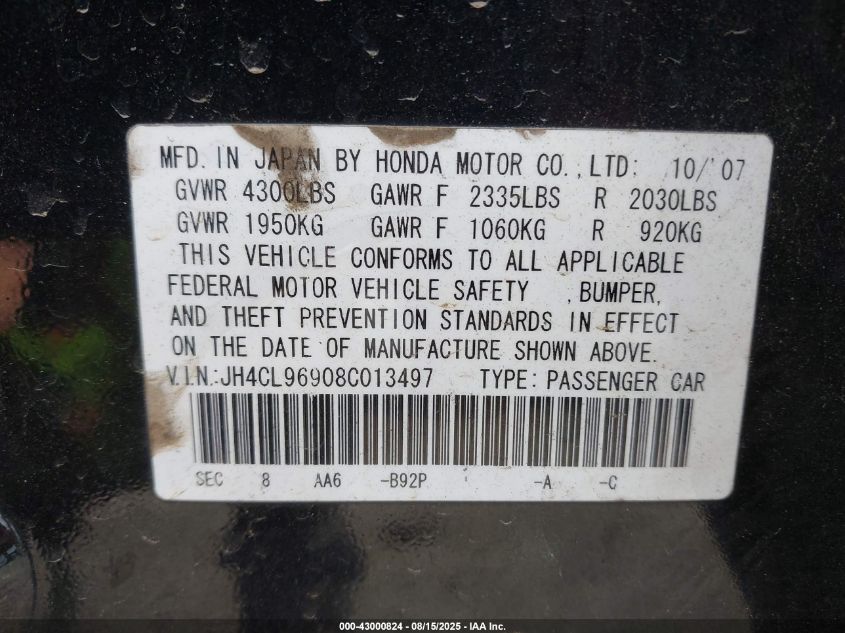 2008 Acura Tsx VIN: J84CL96908C013497 Lot: 43000824