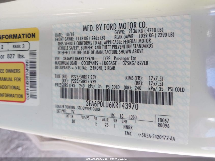 2019 Ford Fusion Hybrid Se VIN: 3FA6P0LU6KR143970 Lot: 43000864