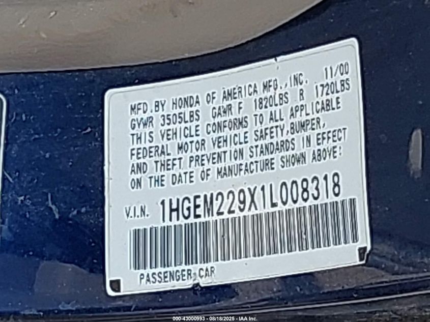 2001 Honda Civic Ex VIN: 1HGEM229X1L008318 Lot: 43000993