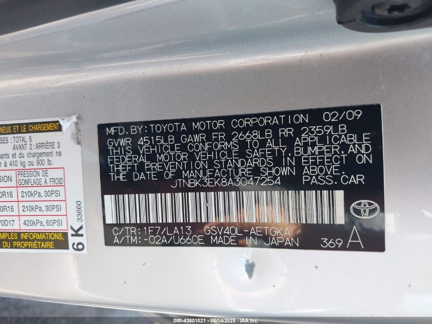 2010 Toyota Camry Xle V6 VIN: JTNBK3EK8A3047254 Lot: 43001021