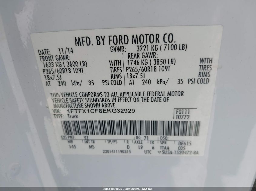 2014 Ford F-150 Xlt VIN: 1FTFX1CF8EKG32929 Lot: 43001025