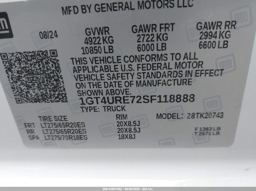 2025 GMC Sierra 2500Hd 4Wd Standard Bed Denali VIN: 1GT4URE72SF118888 Lot: 43001082