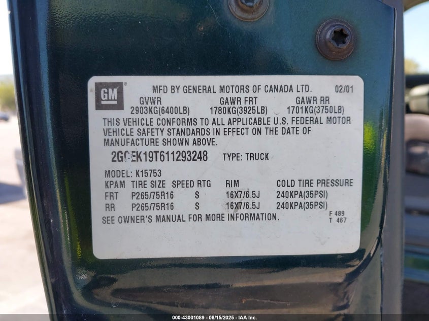 2001 Chevrolet Silverado 1500 Ls VIN: 2GCEK19T611293248 Lot: 43001089